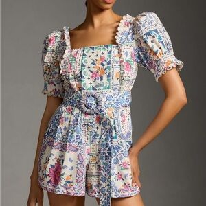 FARM Rio Puff-Sleeve Belted Romper